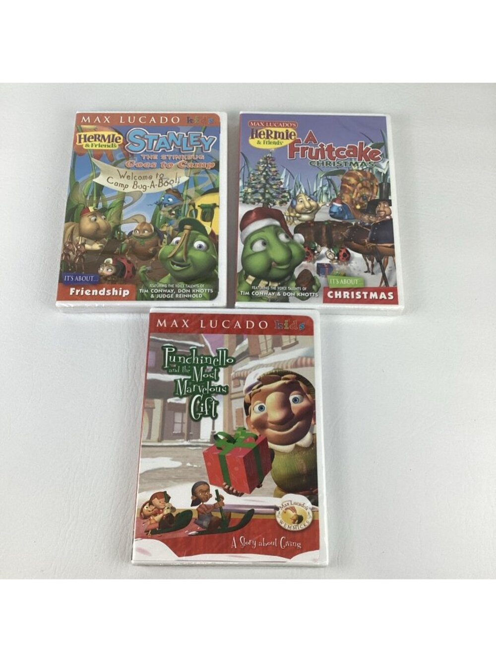 Max Lucado DVD Sealed Bundle Stanley Goes Camp Fruitcake Christmas Punchinello